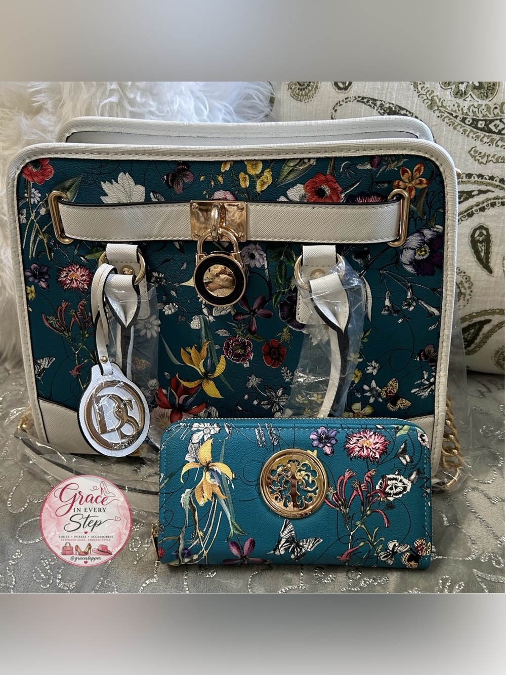 NWT Danskin Large, Teal,Floral Satchel & Wallet Set w/White Trim & Gold Accents